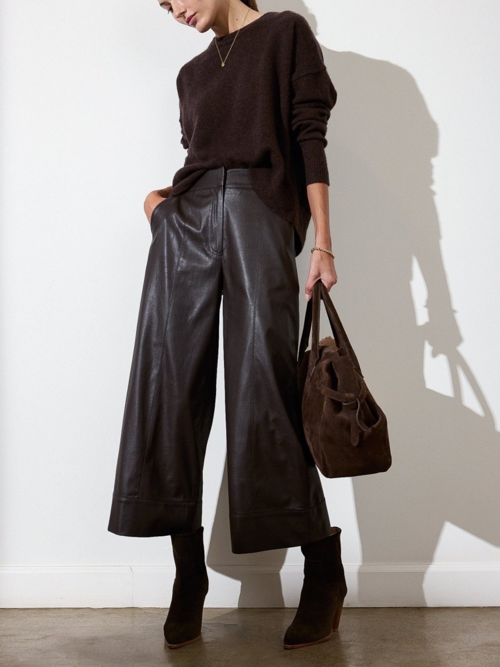 Brochu Walker Brown Wide-Leg Faux Leather Crop Pants